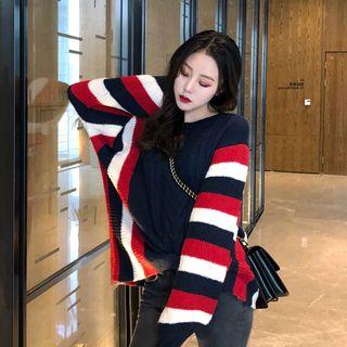 Loose-fit Colorblock Knit Sweater Sapphire Blue - One Size