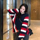 Loose-fit Colorblock Knit Sweater Sapphire Blue - One Size