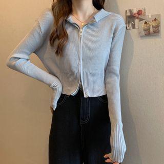 Zip-up Knit Long-sleeve Hooded Cardigan