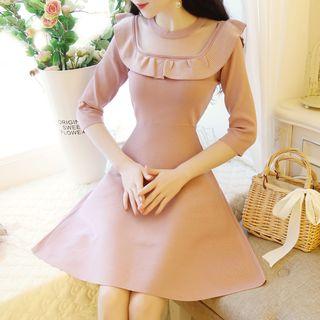 Mesh Panel 3/4-sleeve A-line Dress Black - One Size