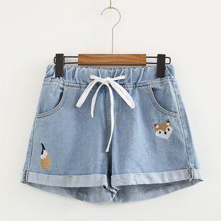 Fox Embroidered Rolled Denim Shorts