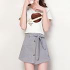 Set: Embroidered Sequined Short-sleeve T-shirt + Tie-waist Checked Skort