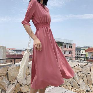 Smocked Cuff V-neck Midi A-line Dress