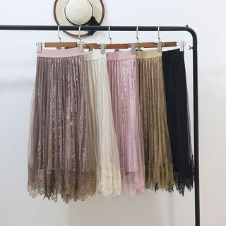Mesh-overlay Midi Accordion Pleat Velvet Skirt