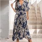 Elbow-sleeve Floral V-neck Maxi Dress