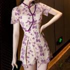 Set: Short-sleeve Floral Print Lace Mini Qipao + Shorts
