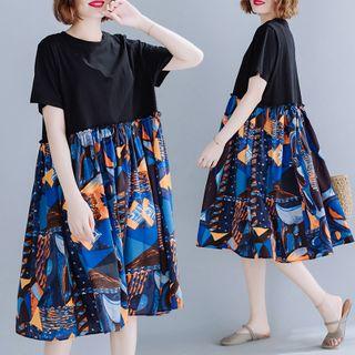 Print Panel Wood Ear Trim Short-sleeve Dress Black - F