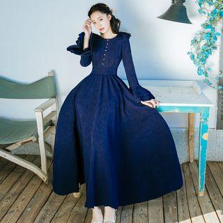Long Bell Sleeve Ruffle-trim Maxi A-line Dress