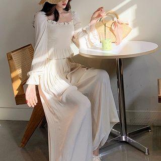 Set: Long-sleeve Smocked Top + Wide-leg Pants