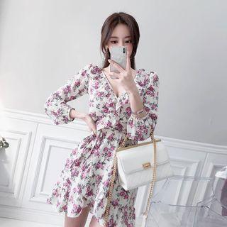 Floral Print Frill-trim Wrap Dress