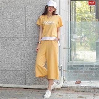 Set: Layered-hem Lettering T-shirt + Sweat Pants