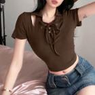 Short-sleeve Collar Lace-up Crop Top