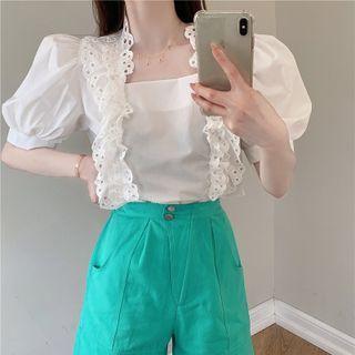 Short-sleeve Perforated Blouse / Shorts