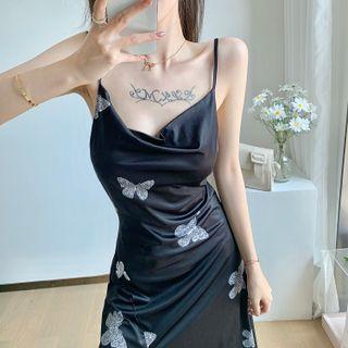 Sleeveless Butterfly Print Side-slit Dress