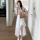 Puff-sleeve Lace Trim Crop Top / Tiered A-line Midi Skirt