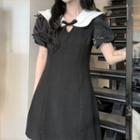 Short-sleeve Layered Collar Bow Accent A-line Dress