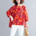 Print Round-neck Cropped Sleeve T Shirt Red - L