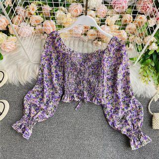 Bow-detail Floral Print Off-shoulder Cropped Chiffon Blouse