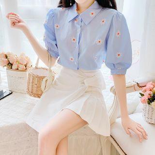 Elbow-sleeve Embroidered Shirt / Mini A-line Skirt / Set