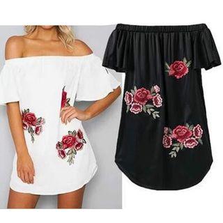 Flower Embroidered Off Shoulder Elbow Sleeve Dress