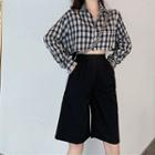 Set: Plaid Cropped Shirt + Wide-leg Cropped Pants