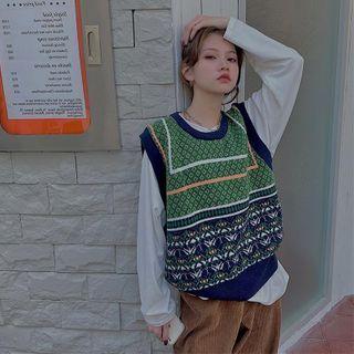 Color Block Patterned Sweater Vest Vest - One Size