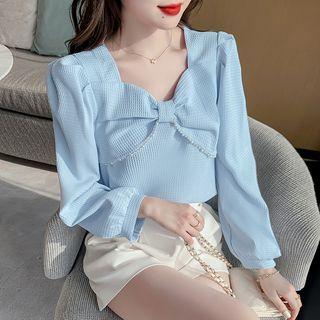 Puff-sleeve Faux Pearl Trim Bow Blouse