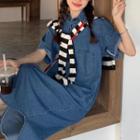 Short-sleeve A-line Denim Shirtdress / Striped Shawl