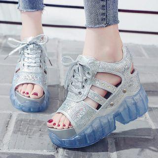 Rhinestone Lace-up Platform Wedge Sandals