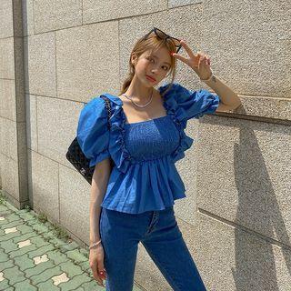 Balloon-sleeve Smocked Peplum Top Blue - One Size