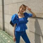 Balloon-sleeve Smocked Peplum Top Blue - One Size