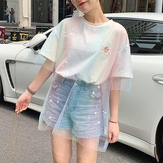 Short-sleeve Mesh Panel Embroidered T-shirt