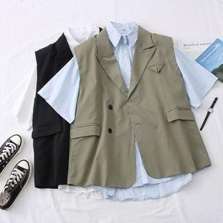Set: Padded-shoulder Dress Vest + Short-sleeve Plain Shirt