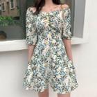 Elbow-sleeve Leaf Patterned A-line Mini Dress