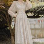 Set: Long-sleeve Lace Trim Maxi A-line Mesh Dress + Floral Print Slipdress