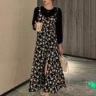 Mock Two-piece Long-sleeve Floral Slit Midi A-line Dress Black - One Size