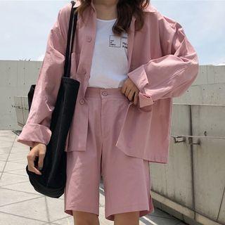 Set: Plain Pocketed Shirt + Plain High-waist Shorts