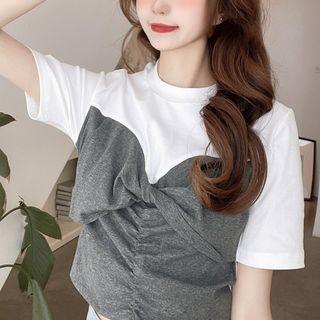 Short-sleeve Mock Two-piece Wrap T-shirt