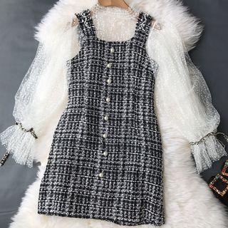 Set: Long-sleeve Sheer Top + Sleeveless Mini Tweed Dress