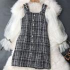 Set: Long-sleeve Sheer Top + Sleeveless Mini Tweed Dress