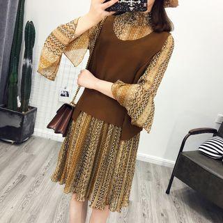 Set: Patterned 3/4 Sleeve Chiffon Dress + Plain Knit Vest