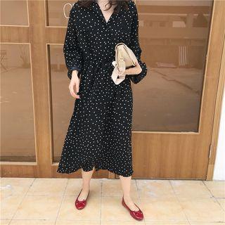 Dotted Midi Shirtdress With Sash Black - One Size