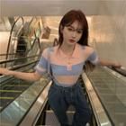 Short-sleeve Striped Collared Knit Top