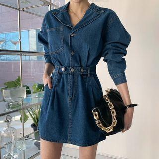 Open-placket Tab-waist Denim Dress