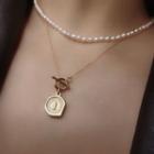 Embossed Pendant Alloy Faux Pearl Layered Choker Gold - One Size