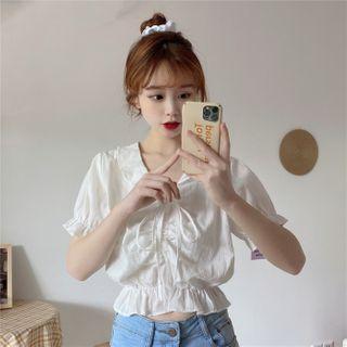 Puff-sleeve V-neck Drawstring Blouse
