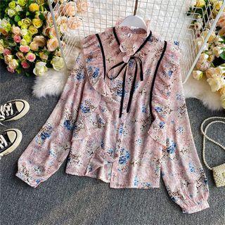 Bow-detail Ruffled Floral Print Long-sleeve Chiffon Blouse