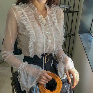 Set: Frill-trim Mesh Blouse + Camisole Top