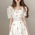 Puff-sleeve Floral Embroidered Pointelle Slim Fit Dress