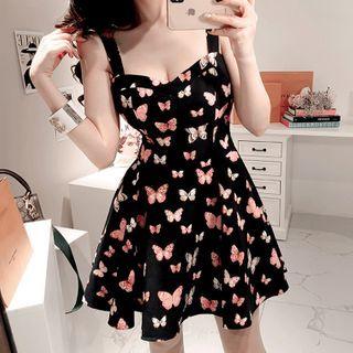 Spaghetti Strap Butterfly Print A-line Mini Dress